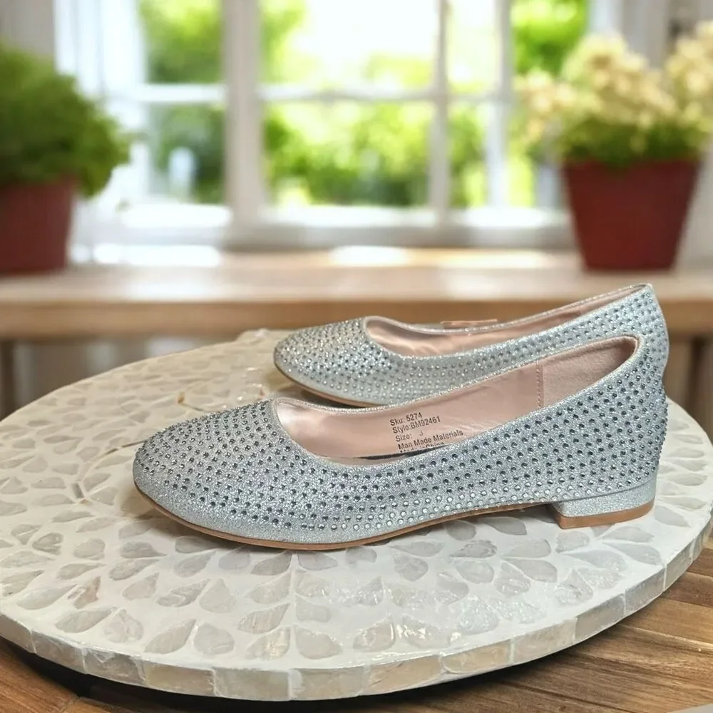 Badgley Mischka Girls Rhinestone Ballet Flats Silver Wedding Flower Girl Shoes S